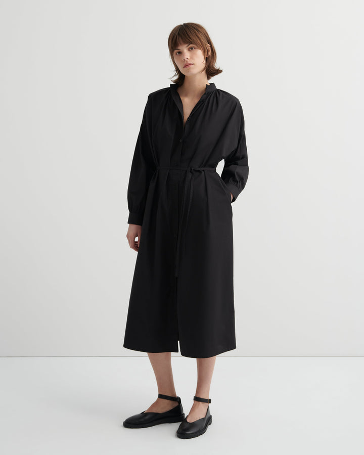 Imogen Belted Stand-Collar Shirt Dress – Black