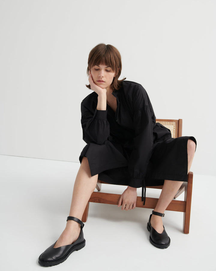 Imogen Belted Stand-Collar Shirt Dress – Black