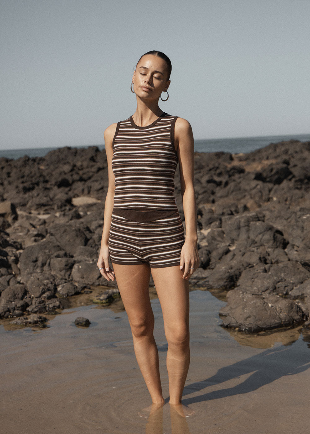 Womens Knit Top Nora - Coffee Stripe - AFENDS