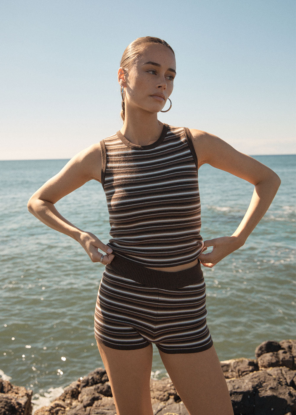 Womens Knit Top Nora - Coffee Stripe - AFENDS