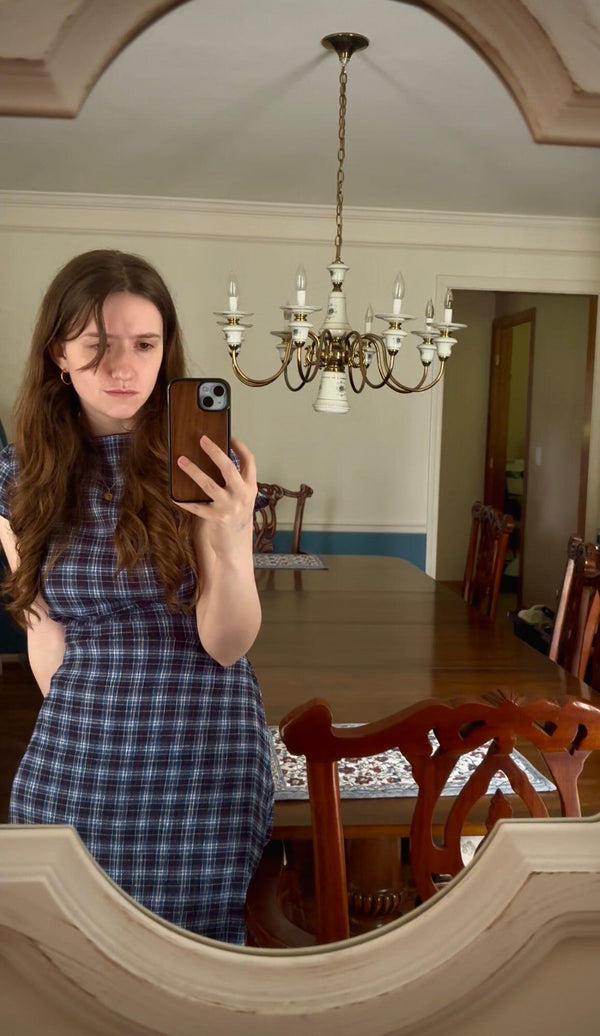 Reviewer photo of Elodie Seersucker Midi Dress – Navy Red Check