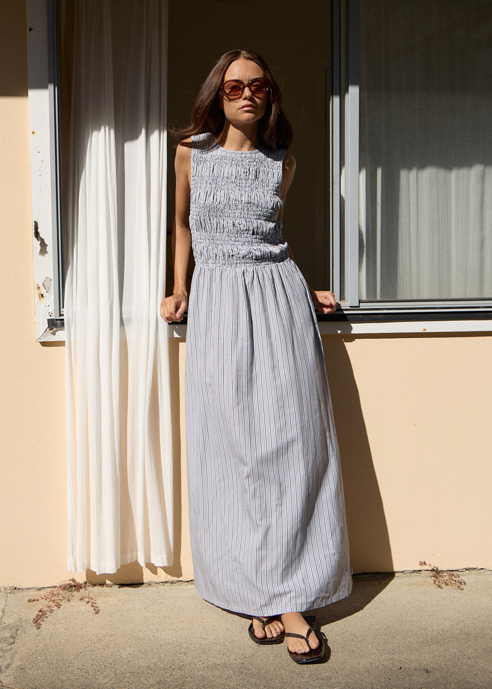 Womens Maxi Dress Sofia - Coffee / Blue Stripe - AFENDS