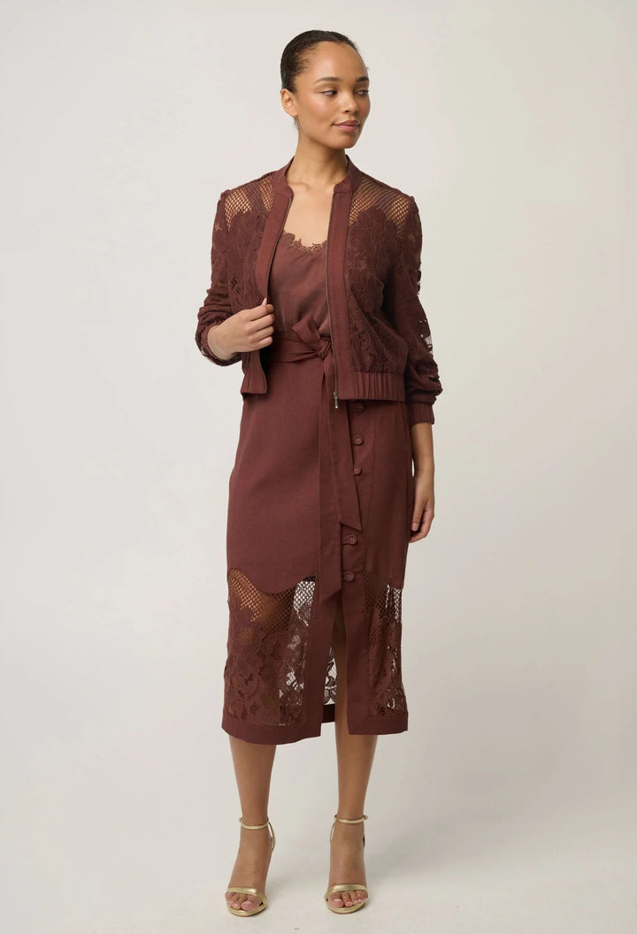 Solene Cotton Blend Placement Lace Bomber in Rosewood Coat