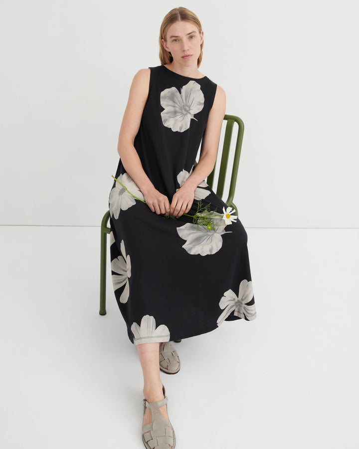 Tank Swing Floral Cotton Midi Dress – Monochrome Floral